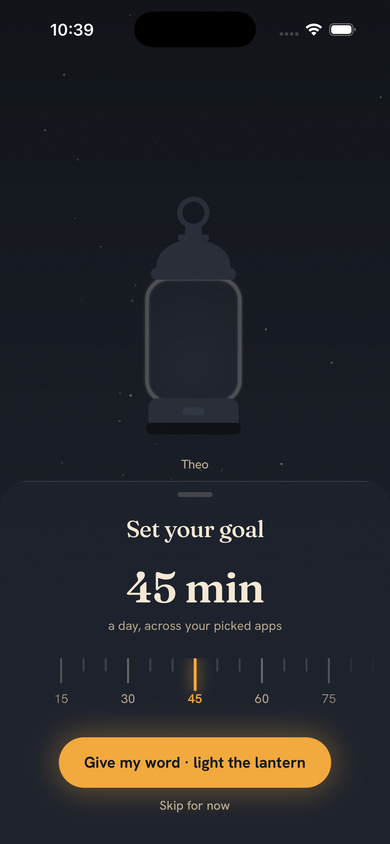 The Lanteon goal screen: set your goal, 45 min a day, across your picked apps.
